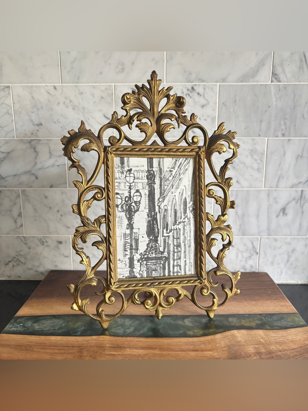 Vintage Ornate Brass Scroll Art Nouveau Table Top Picture Frame - NO GLASS